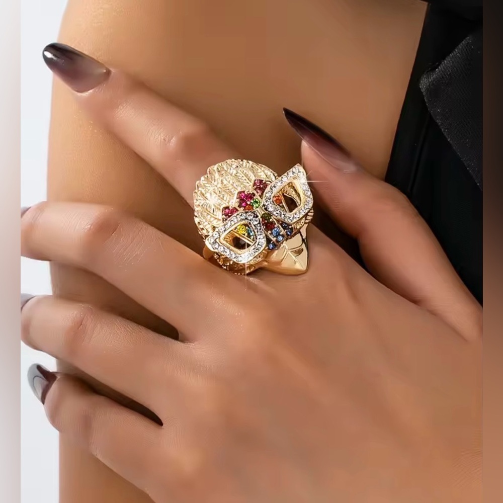 18K Gold Eagle Bird Cocktail Ring Horned Rim Glasses Adorned Diamonds Gemstones
